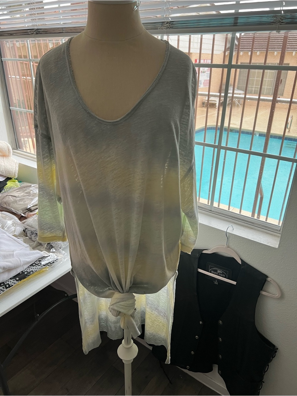 Free People Gray Tie-Front Sheer V-Neck Tunic
